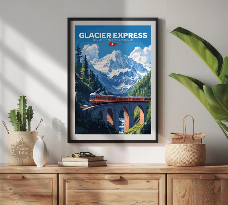 Glacier Express Travel Poster, Glacier Express Railway Art, Scenic Train Rides Art, Train Poster, Zermatt - St. Moritz via Andermatt Route