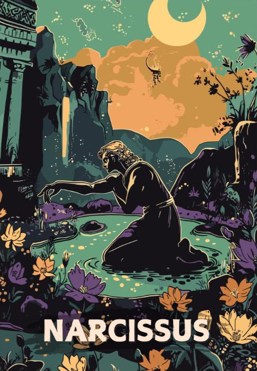 Narcissus Poster, Greek Narcissus, Greek Myth, Goddess Echo, Greek Mythology, Ancient Greek Art, Narcissus Greek mythology, Self love