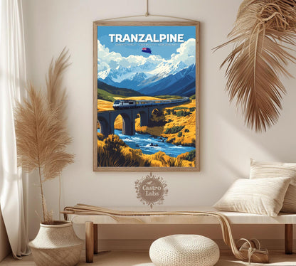 TranzAlpine Travel Poster, TranzAlpine Railway Art, Scenic Train Rides Art, Train Poster, Christchurch Art, Greymouth Art, New Zealand Art