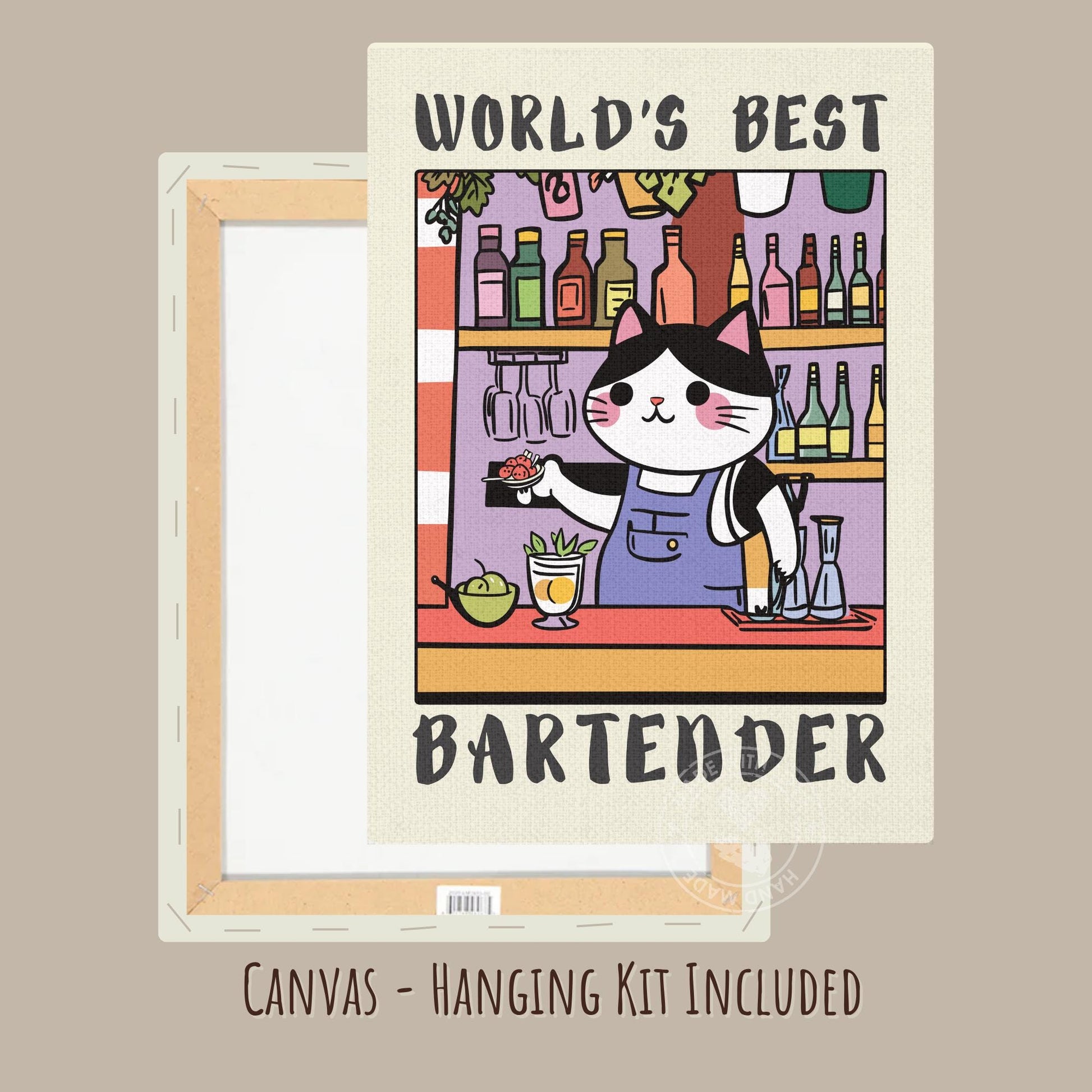 World's Best Bartender print, A bartender cat with a text World's best Bartender shown on canvas