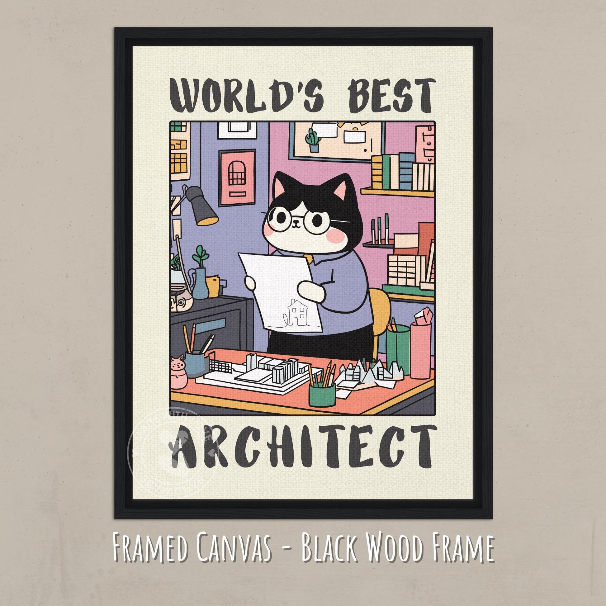 Architect Poster with a cat presented as an architect. Shown printed on canvas with a dark wooden frame