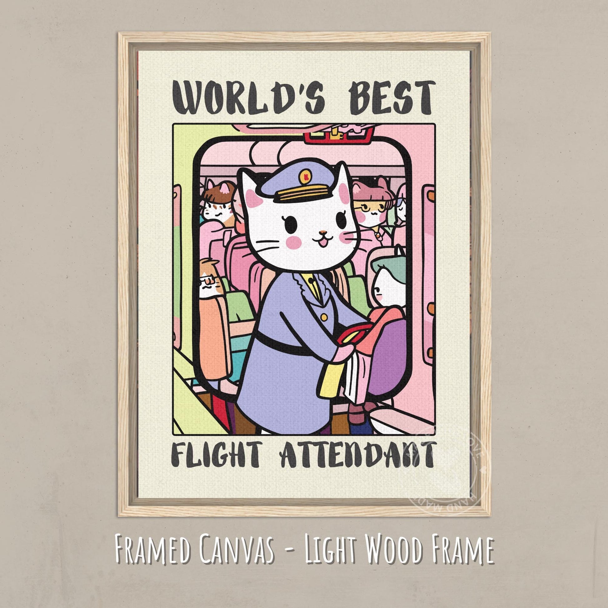 Flight attendant Poster on canvas with a light wood frame