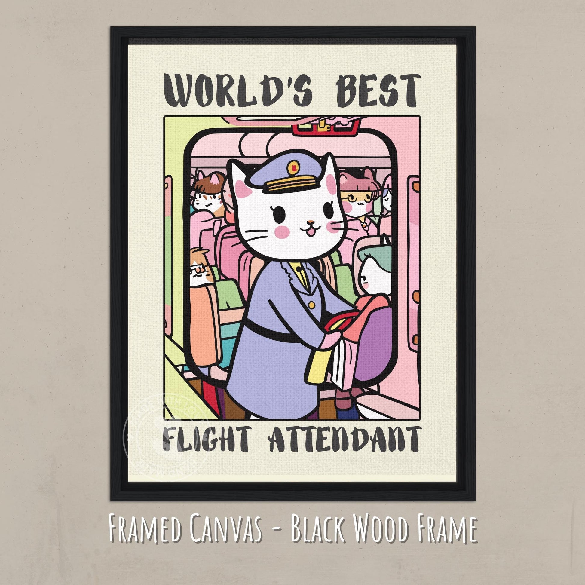 Flight attendant Poster on canvas with a black wood frame