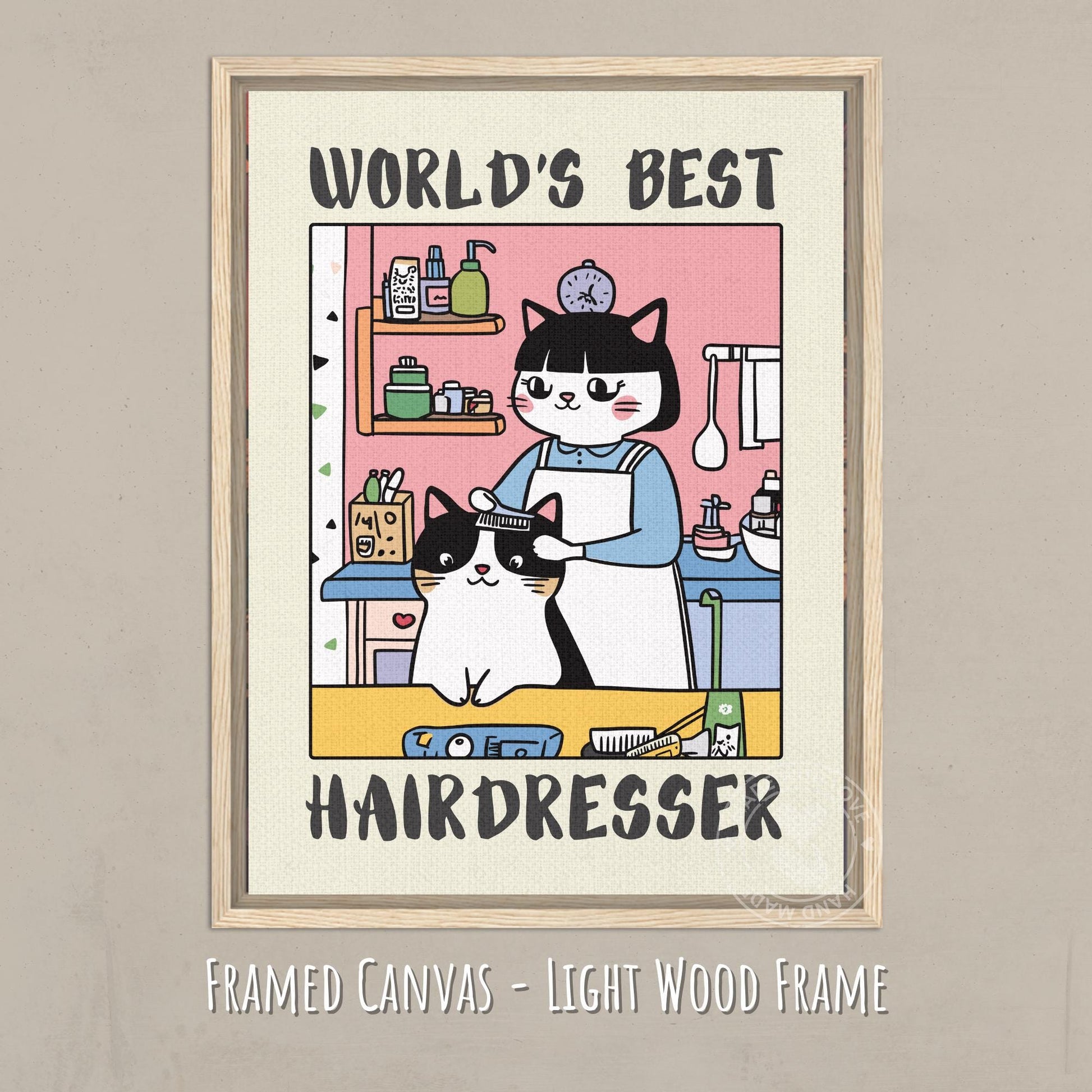 World&#39;s best Hairdresser Print on a canvas with a light wooden frame