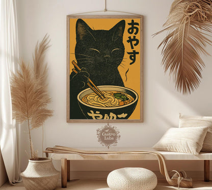 Whimsical cat eating ramen artwork, perfect for kitchen decor or as a quirky gift for cat and noodle fans.