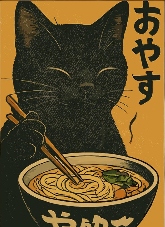 Cute black cat enjoying a bowl of ramen, funny and artistic poster for kitchens, cafes, or eclectic wall displays.
