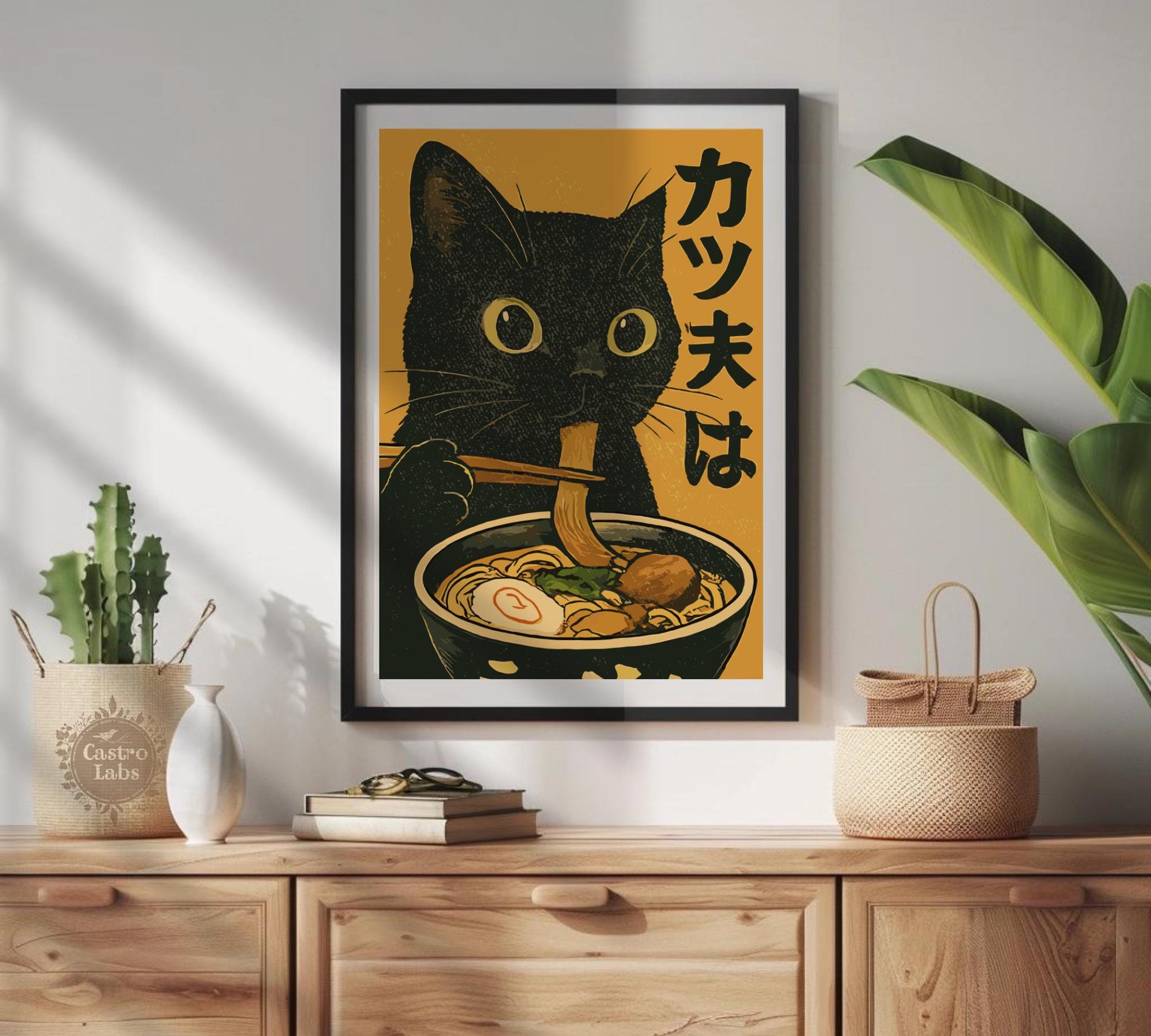 Black cat eating ramen noodles in a vintage Japanese-style art print, humorous kitchen wall decor.