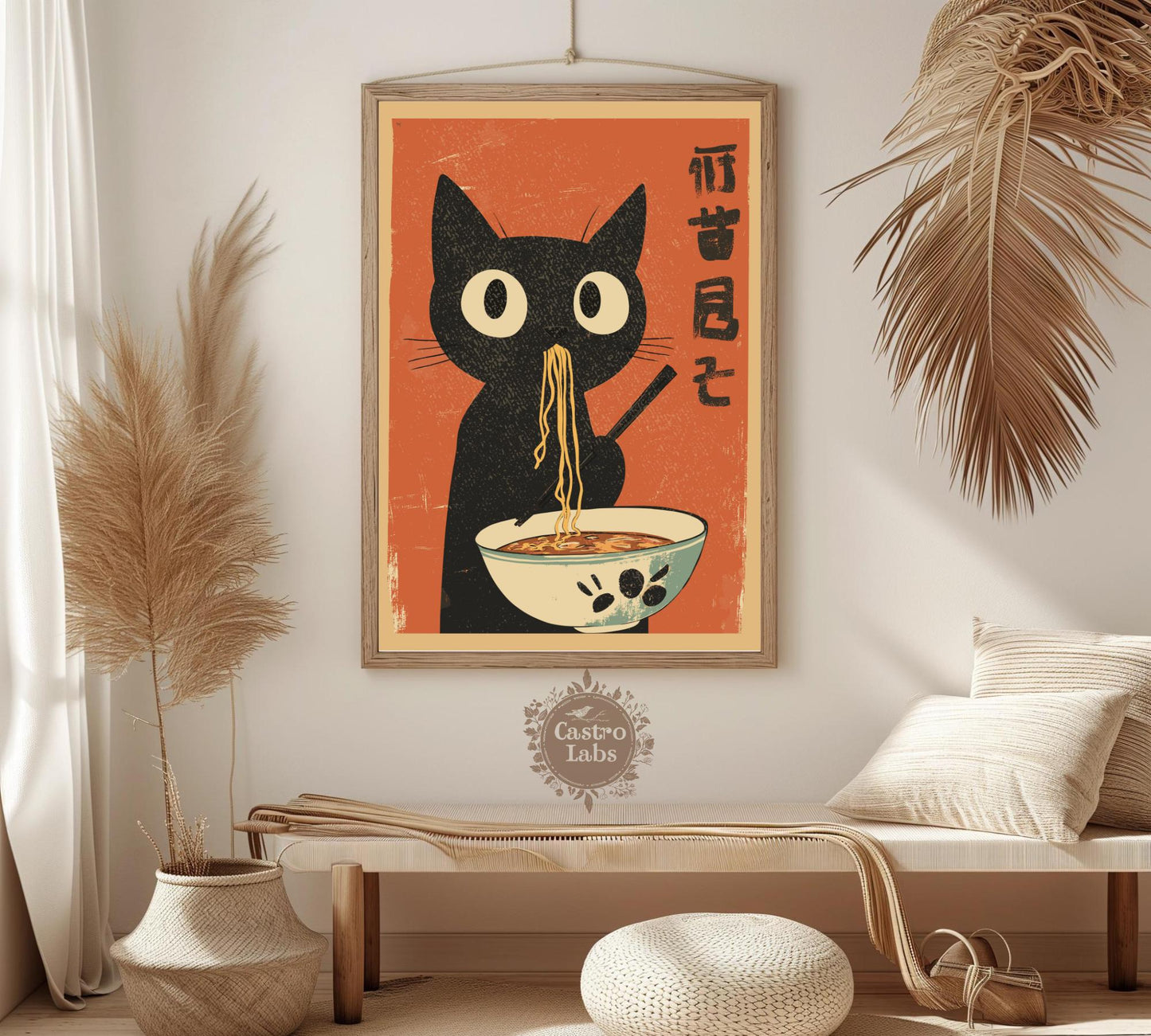 Cute black cat enjoying a bowl of ramen, funny and artistic poster for kitchens, cafes, or eclectic wall displays.