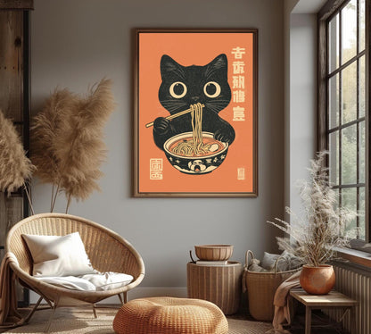 Playful black cat enjoying ramen in a stylized retro print, unique wall art for kitchens or dining rooms.