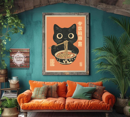 Japanese-style ramen cat print with bold colors, ideal for cat lovers, food art enthusiasts, and quirky home decor.