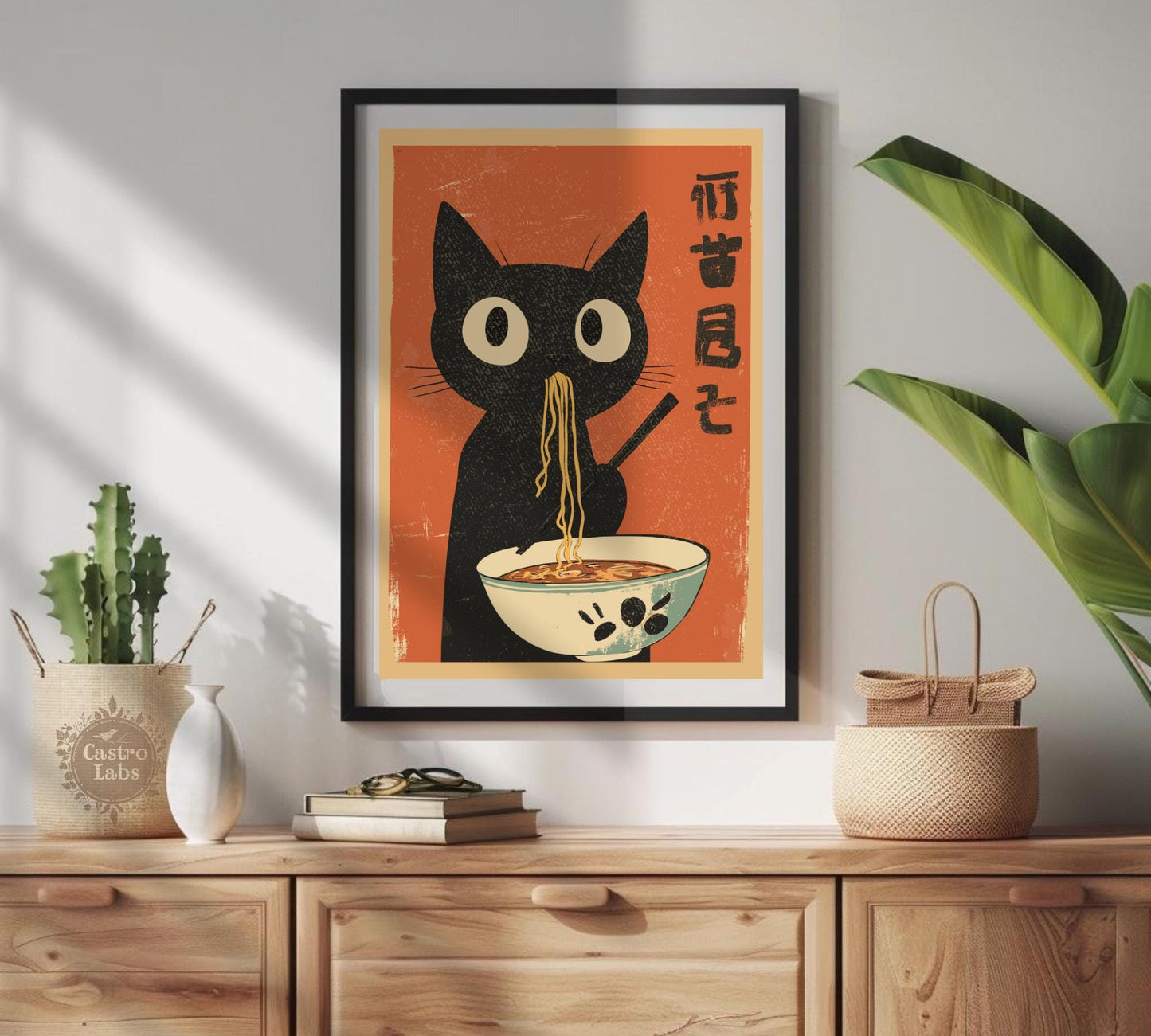 Black cat eating ramen noodles in a vintage Japanese-style art print, humorous kitchen wall decor.