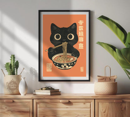 Black cat eating ramen noodles in a vintage Japanese-style art print, humorous kitchen wall decor.