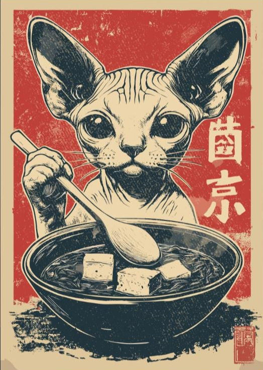 Funny sphynx cat slurping noodles, Japanese-inspired kitchen poster with quirky charm.