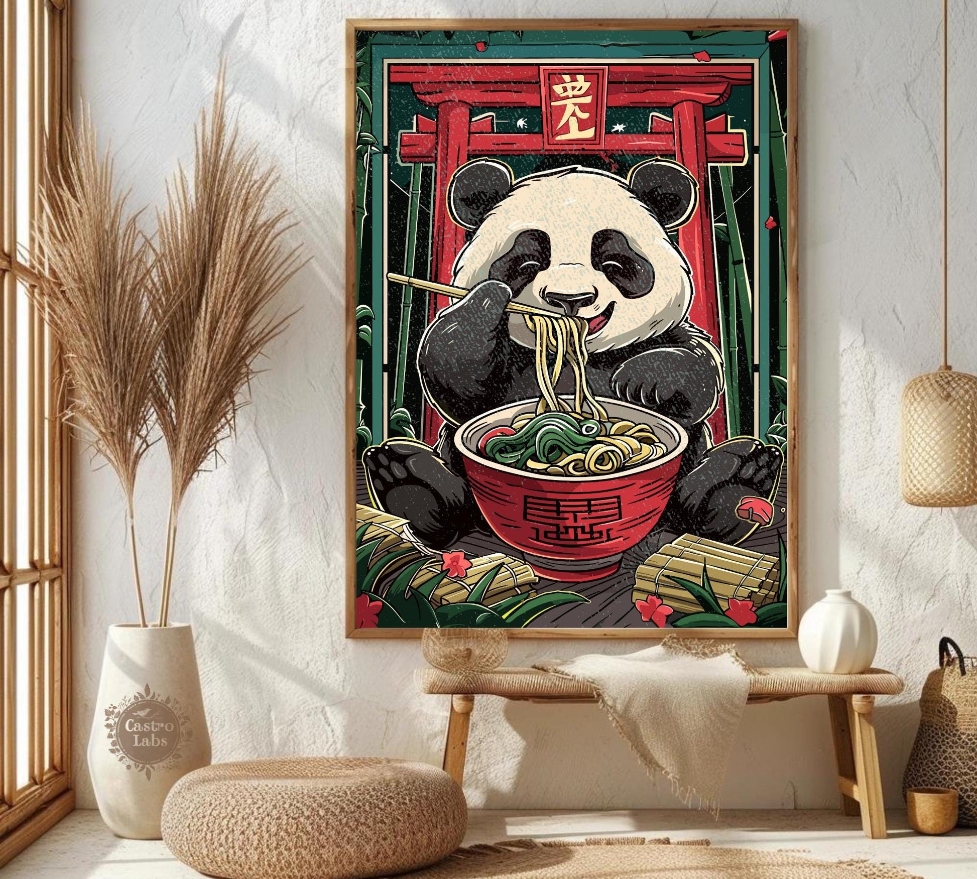 Comical panda enjoying a bowl of noodles, vintage-inspired food wall art.