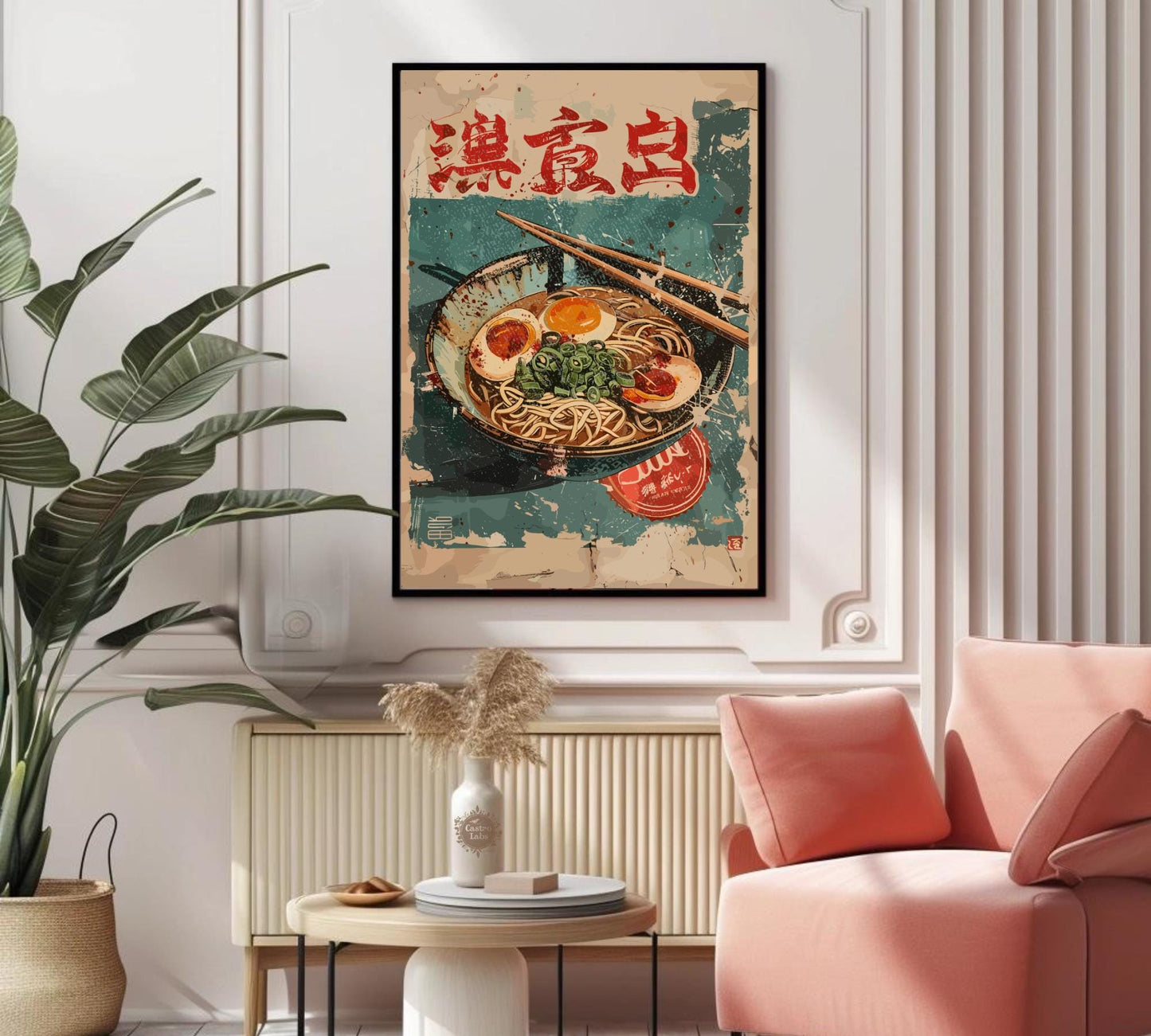 Cup ramen art print with chopsticks, perfect for ramen lovers.