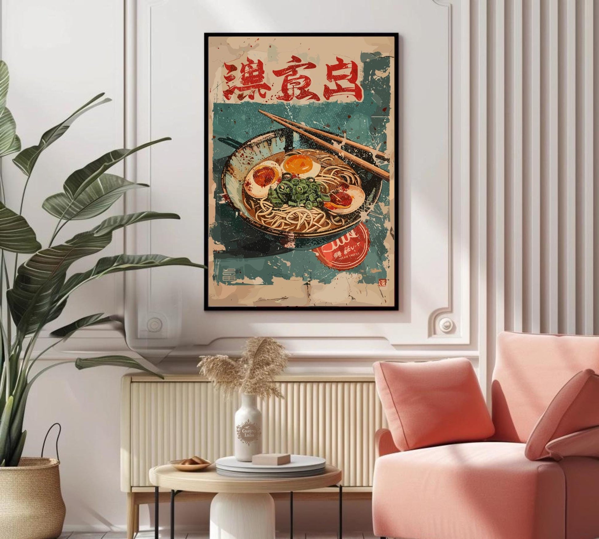 Cup ramen art print with chopsticks, perfect for ramen lovers.