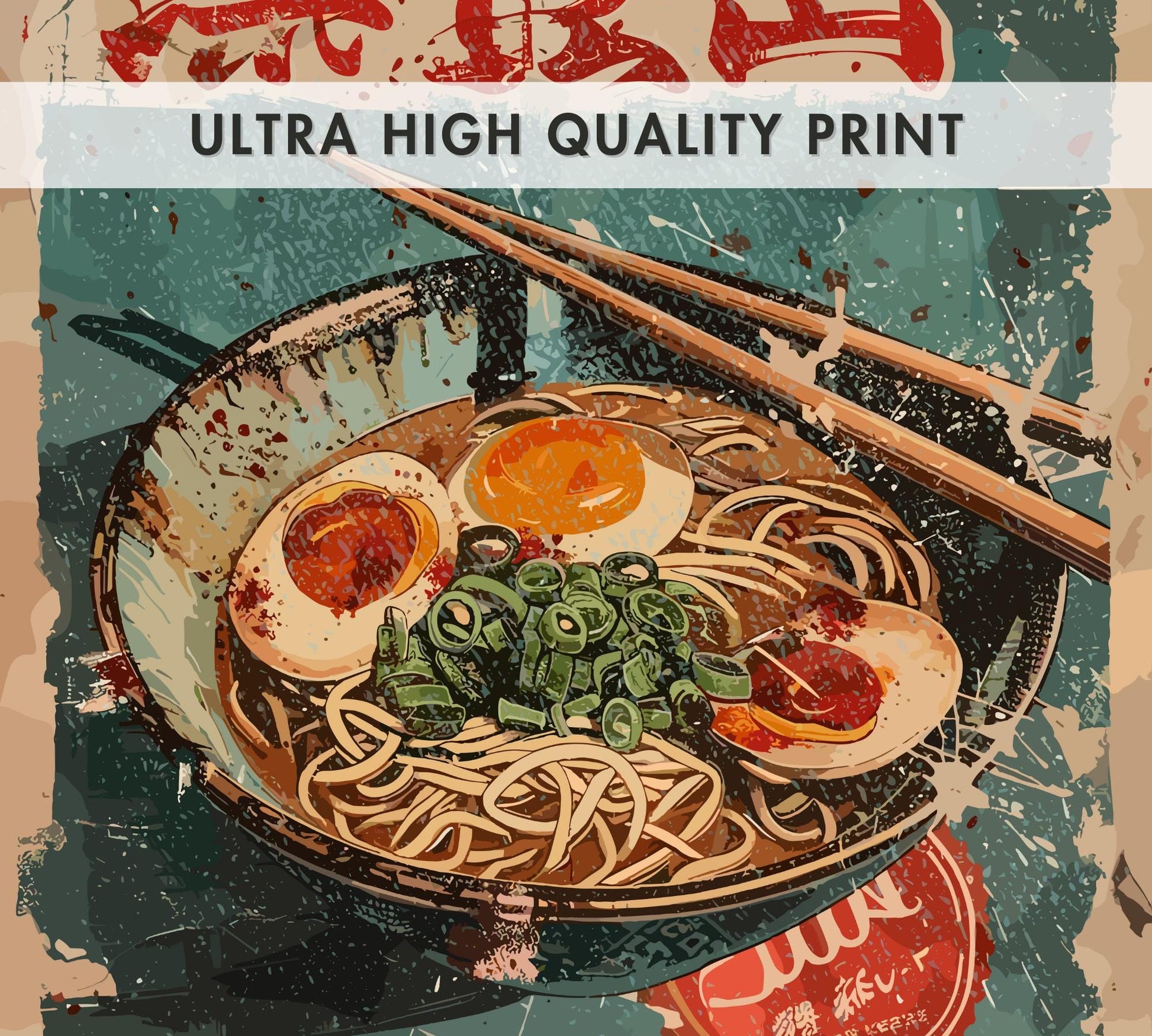 Retro-style cup noodles print, fun and quirky ramen wall art.