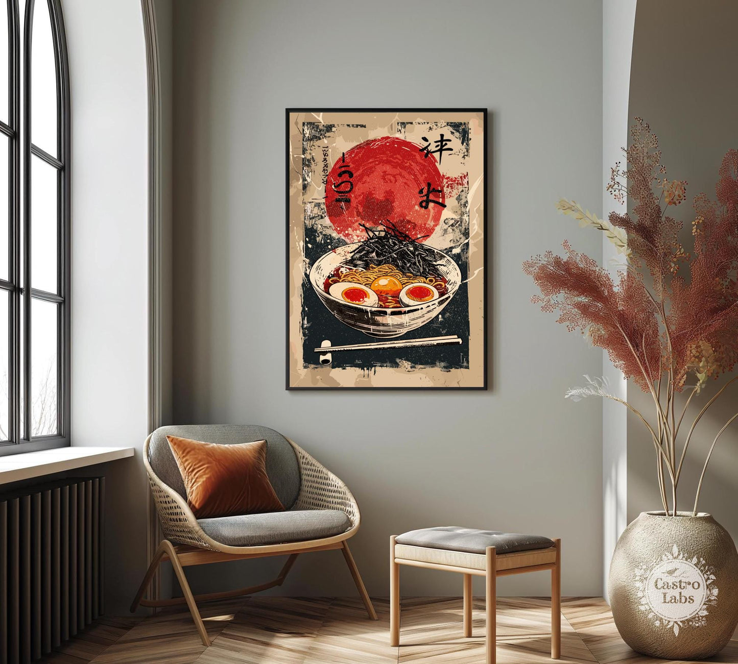 Steaming bowl of noodles in vintage style, perfect wall art for kitchen decor.