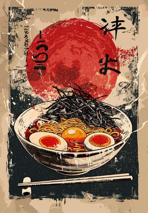 Steaming bowl of noodles in vintage style, perfect wall art for kitchen decor.