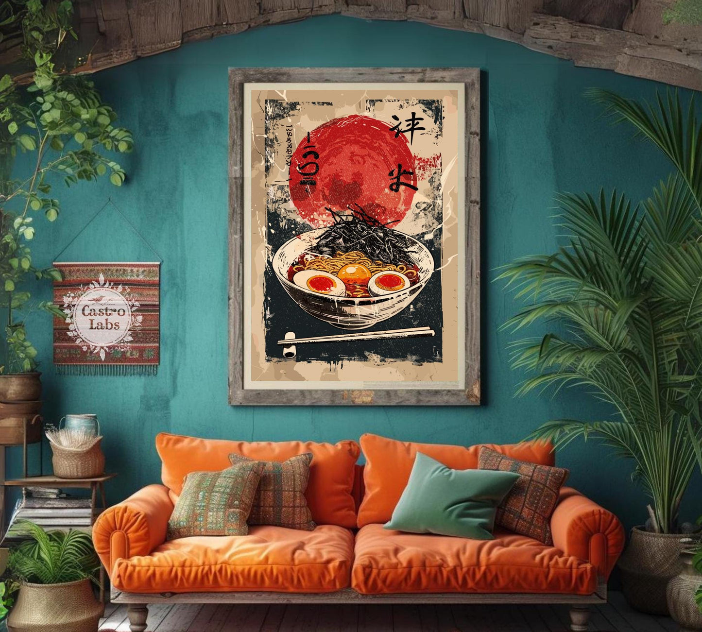 Hot ramen illustration with egg and toppings, Asian cuisine poster.