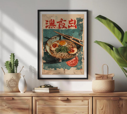 Instant noodle bowl poster, quirky ramen artwork for kitchens or cafés.