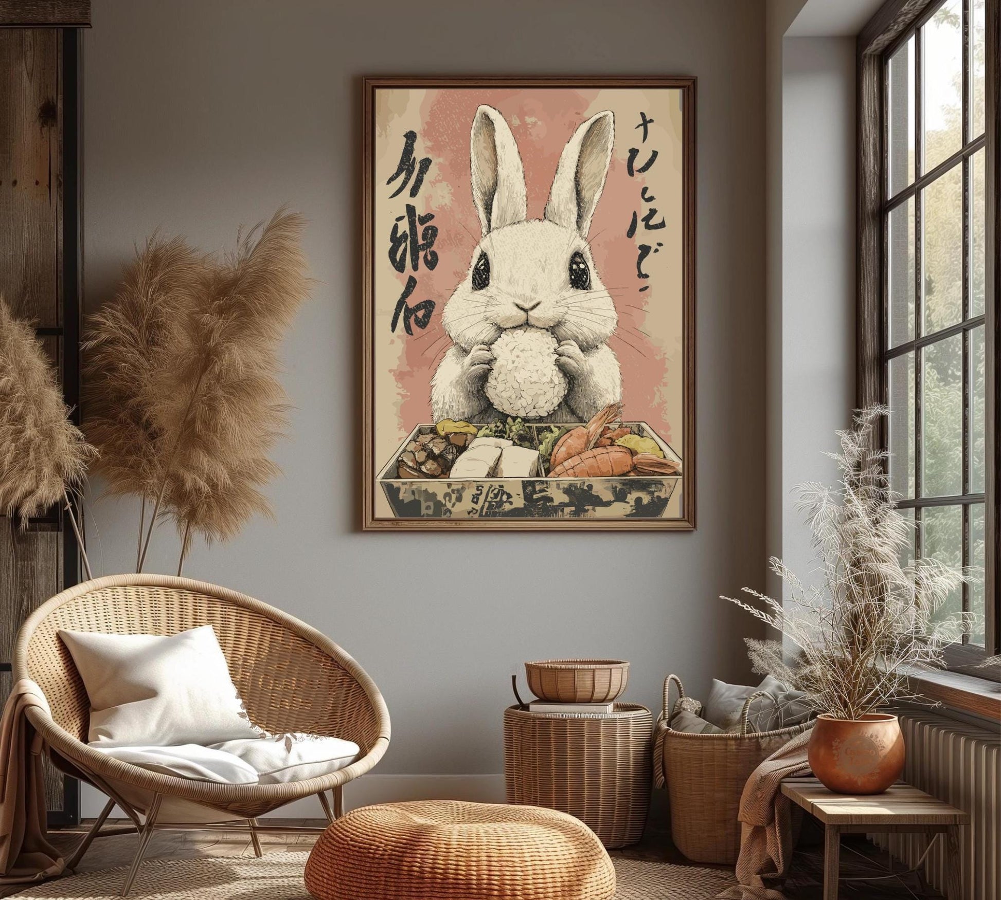 Playful art print of a bunny eating Japanese food, retro animal wall art.