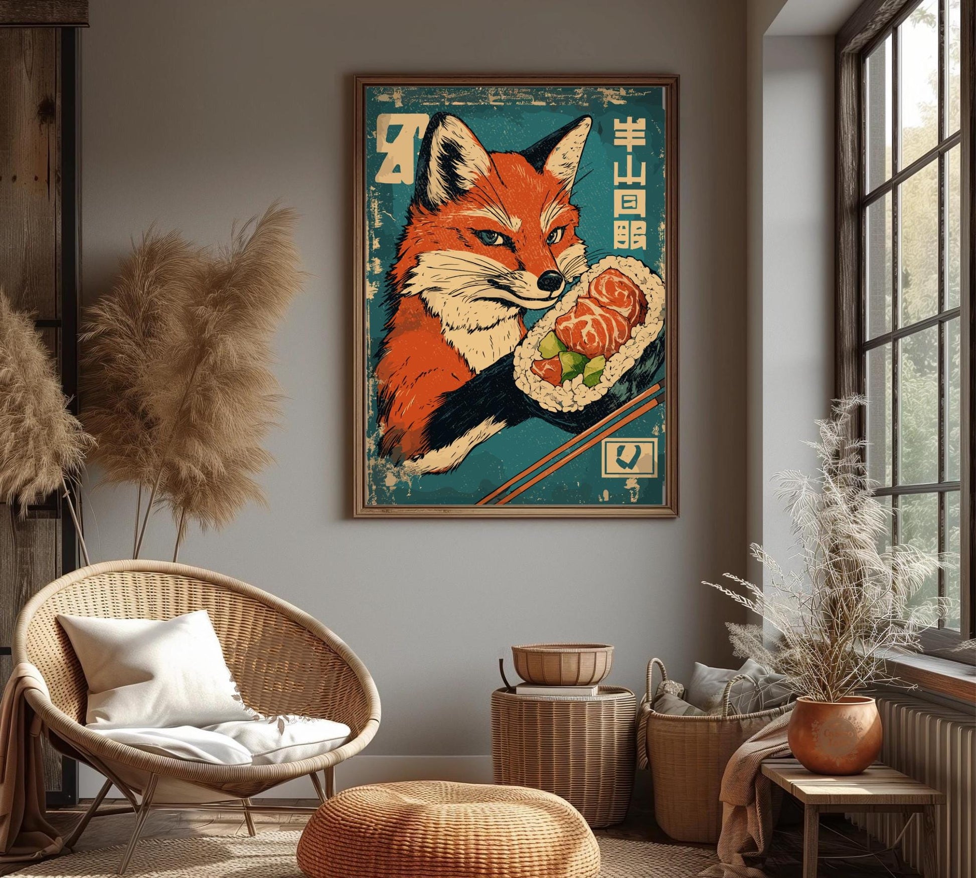 Sushi-loving red fox in a vintage print, perfect animal-themed home decor.