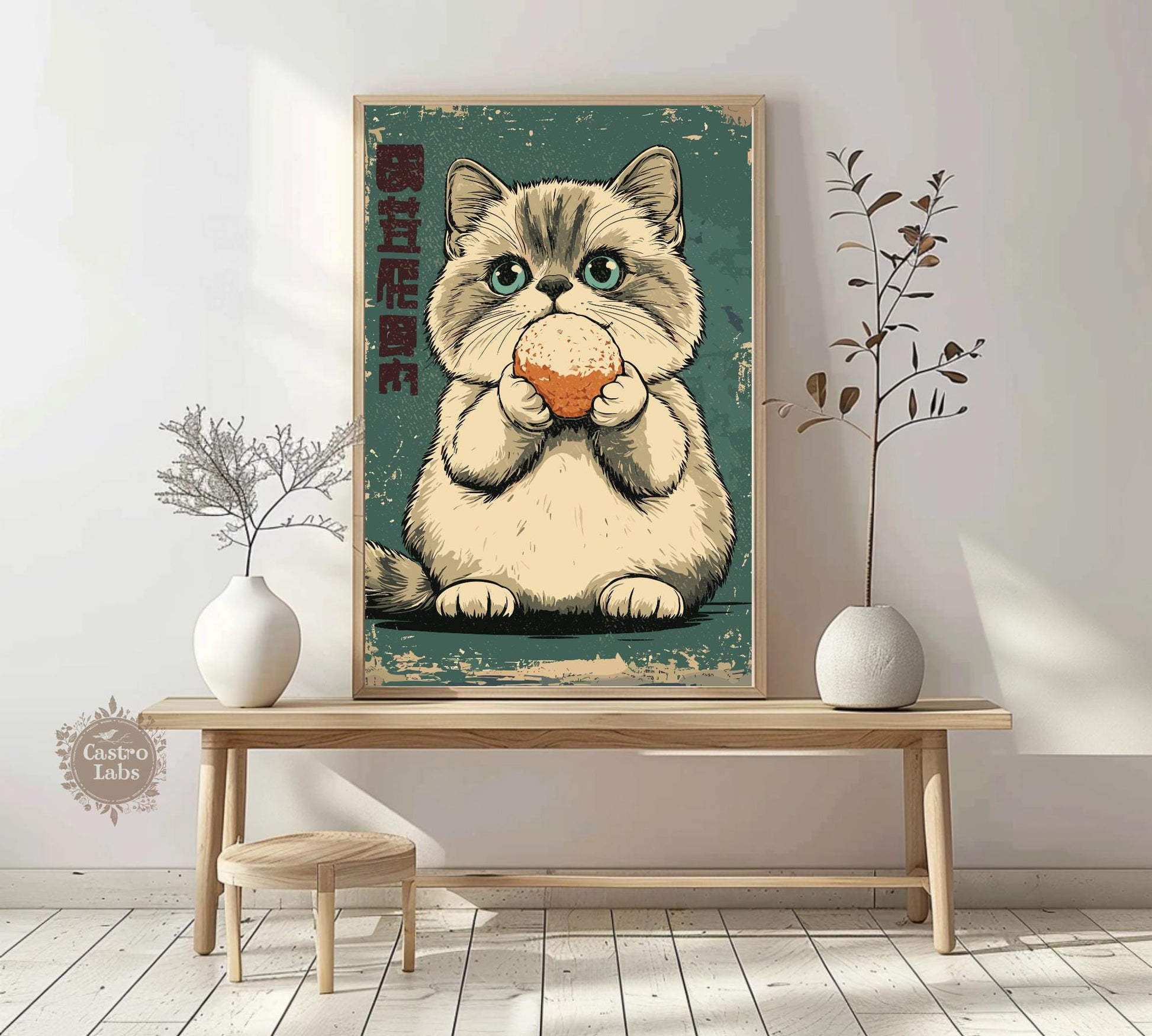 Whimsical print of cat nibbling mochi, pastel retro-style home decor.