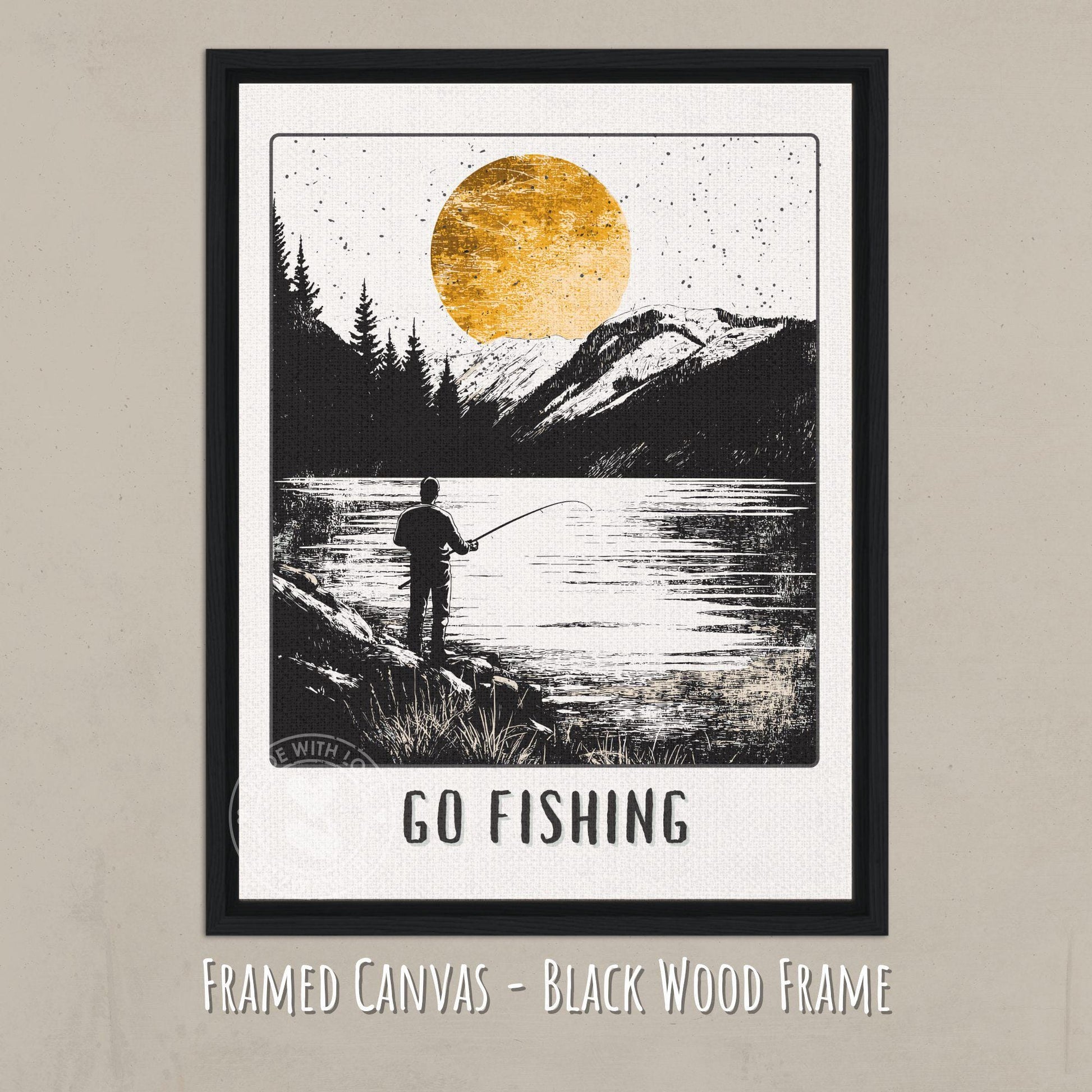 Go Fishing Poster - Canvas with Black Wood Frame