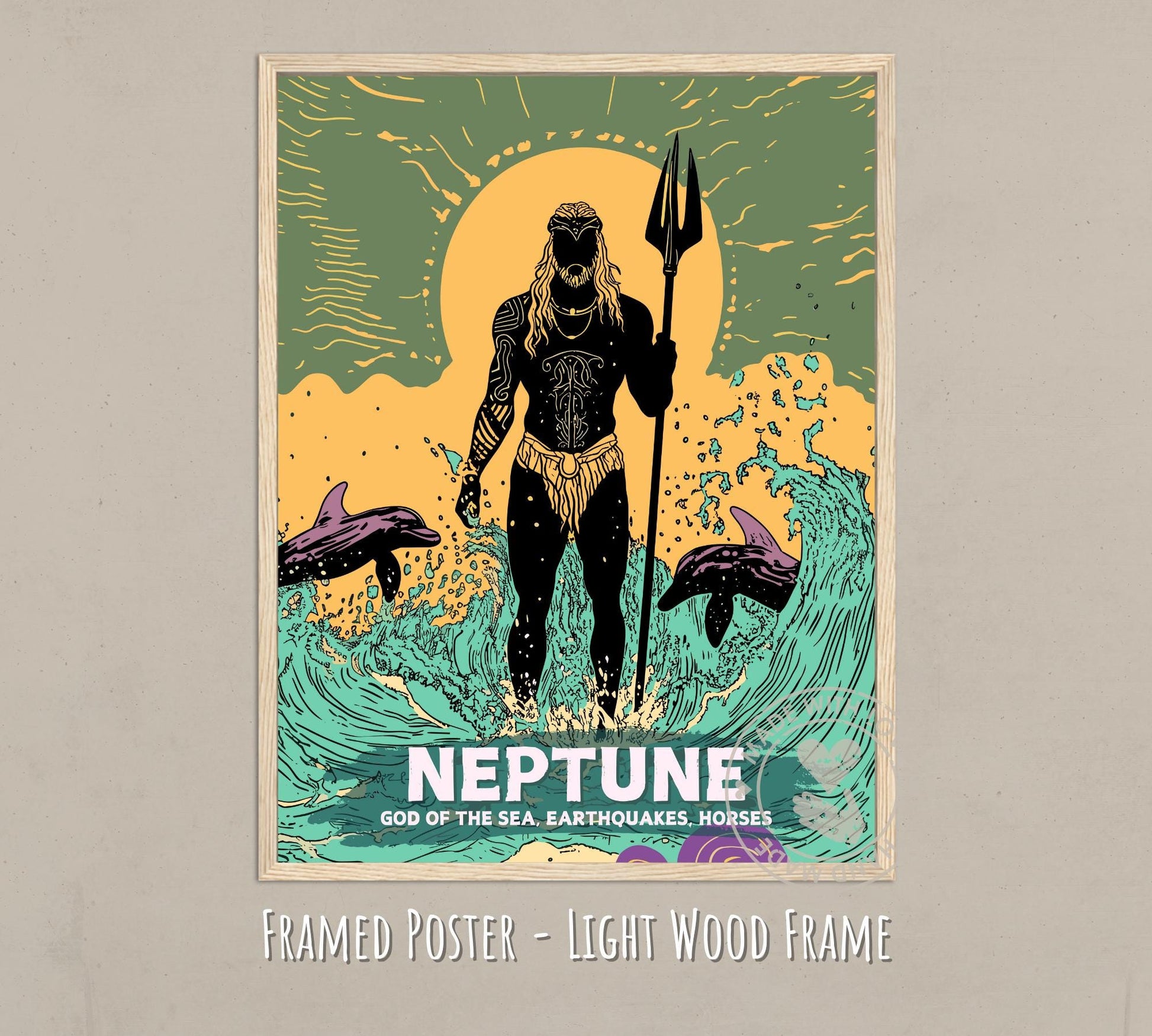 Neptune God Painting - light wood frame