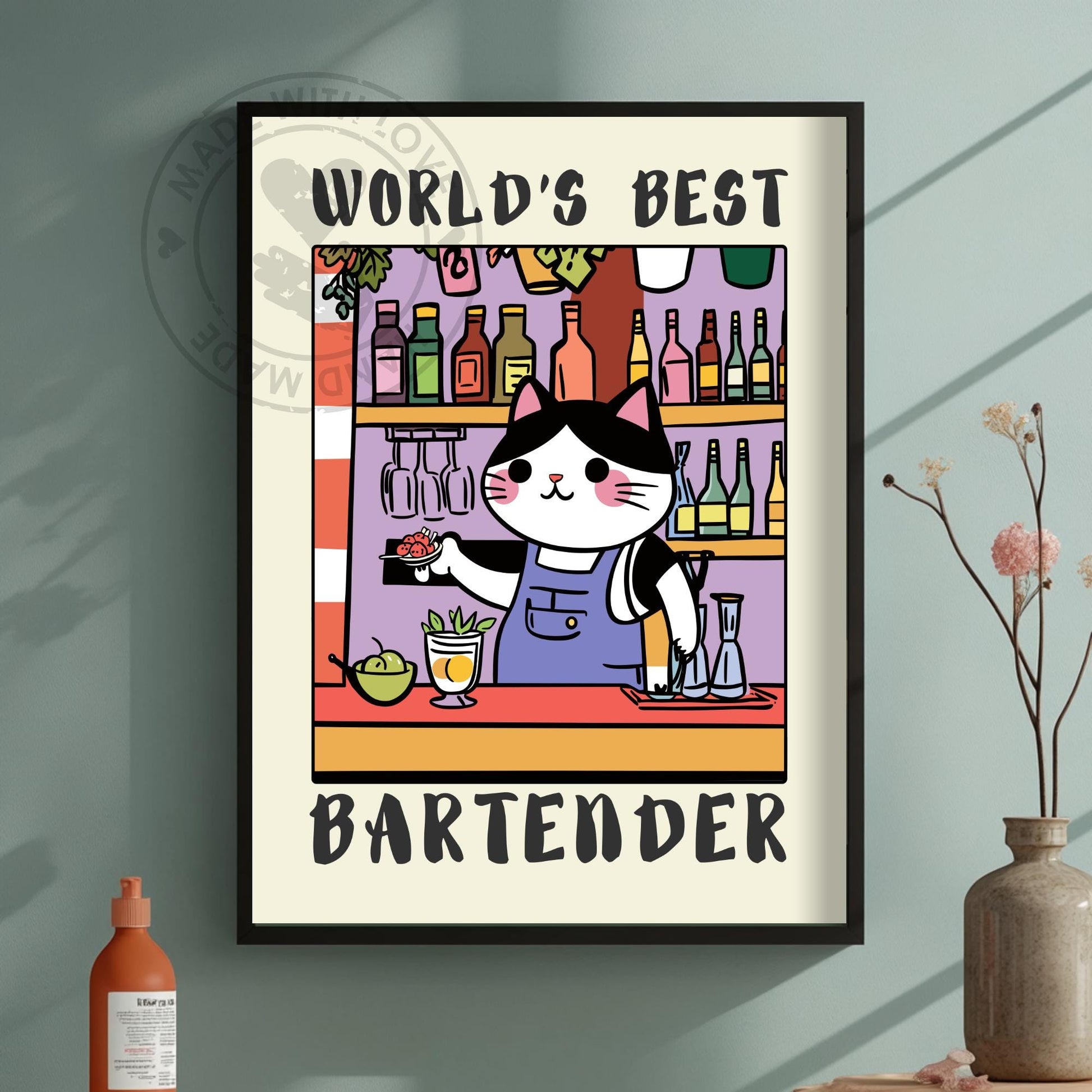 World&#39;s Best Bartender print, A bartender cat with a text World&#39;s best Bartender on a green background