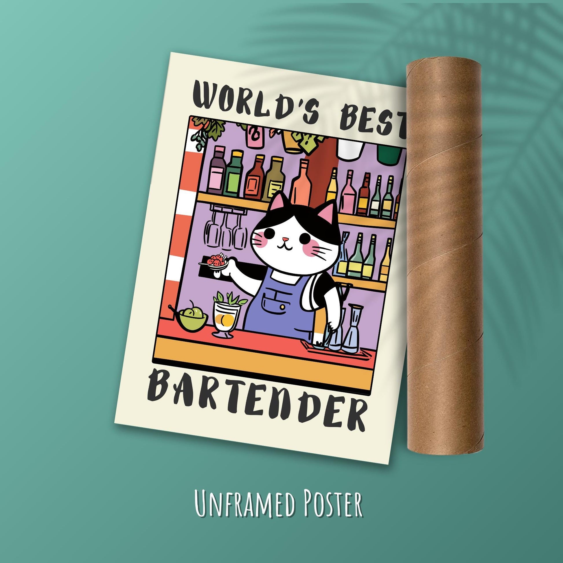 World&#39;s Best Bartender print, A bartender cat with a text World&#39;s best Bartender on a green background shown with a tube