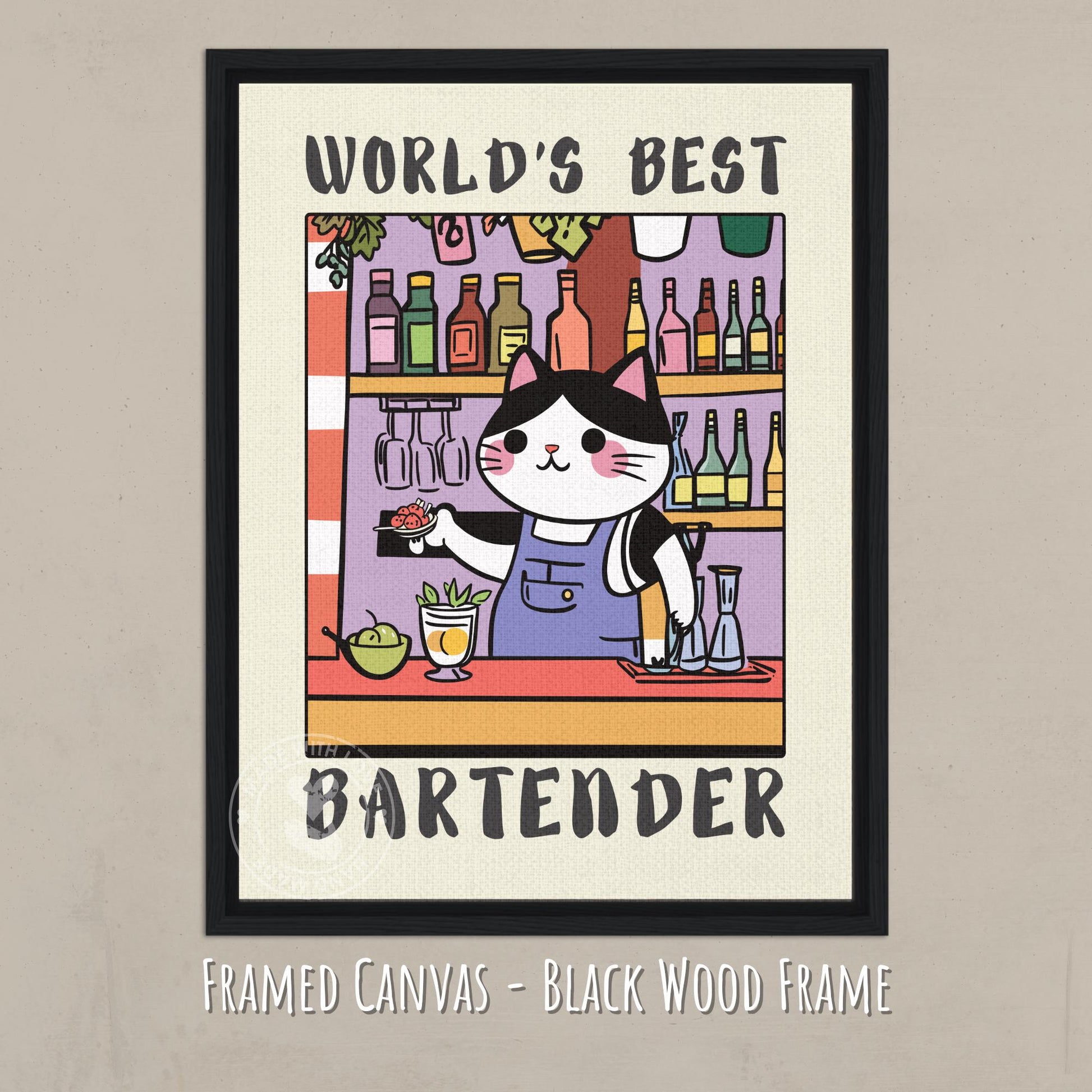 World's Best Bartender print, A bartender cat with a text World's best Bartender shown on canvas with a black frame