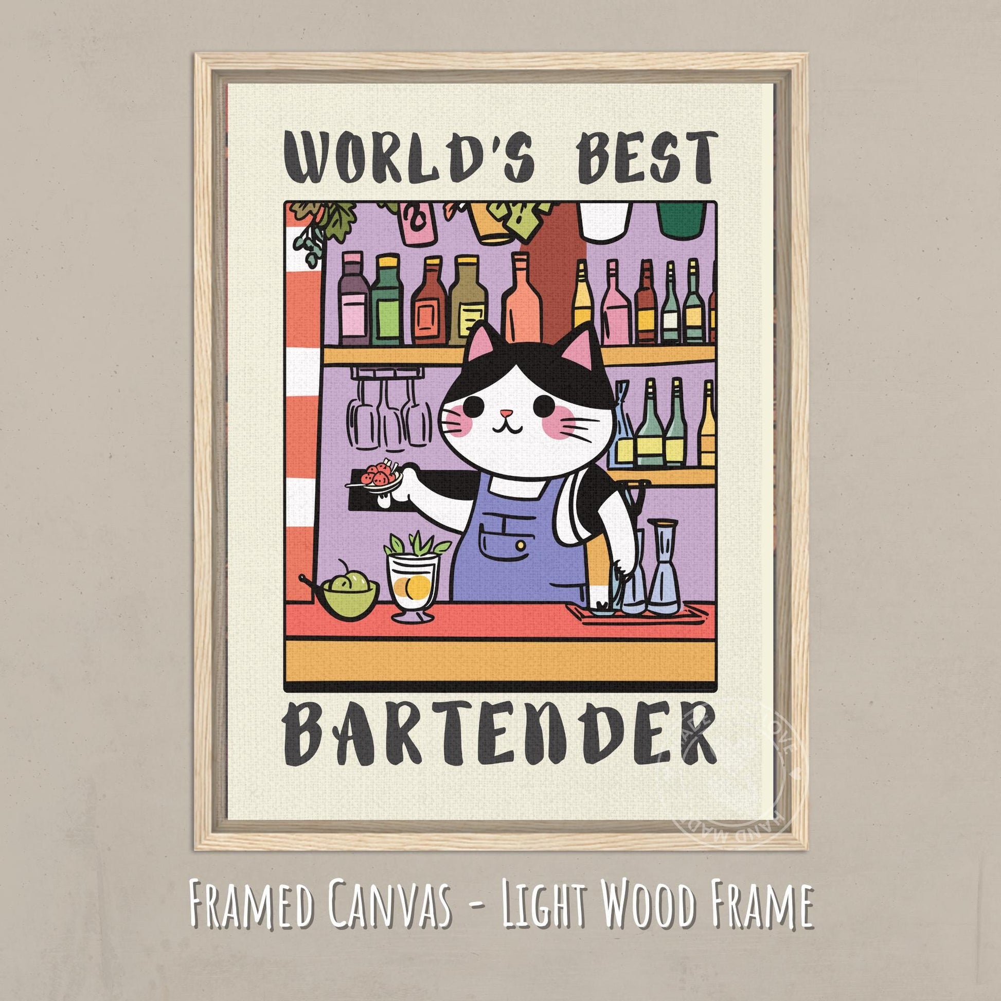 World's Best Bartender print, A bartender cat with a text World's best Bartender shown on canvas with a light wood frame