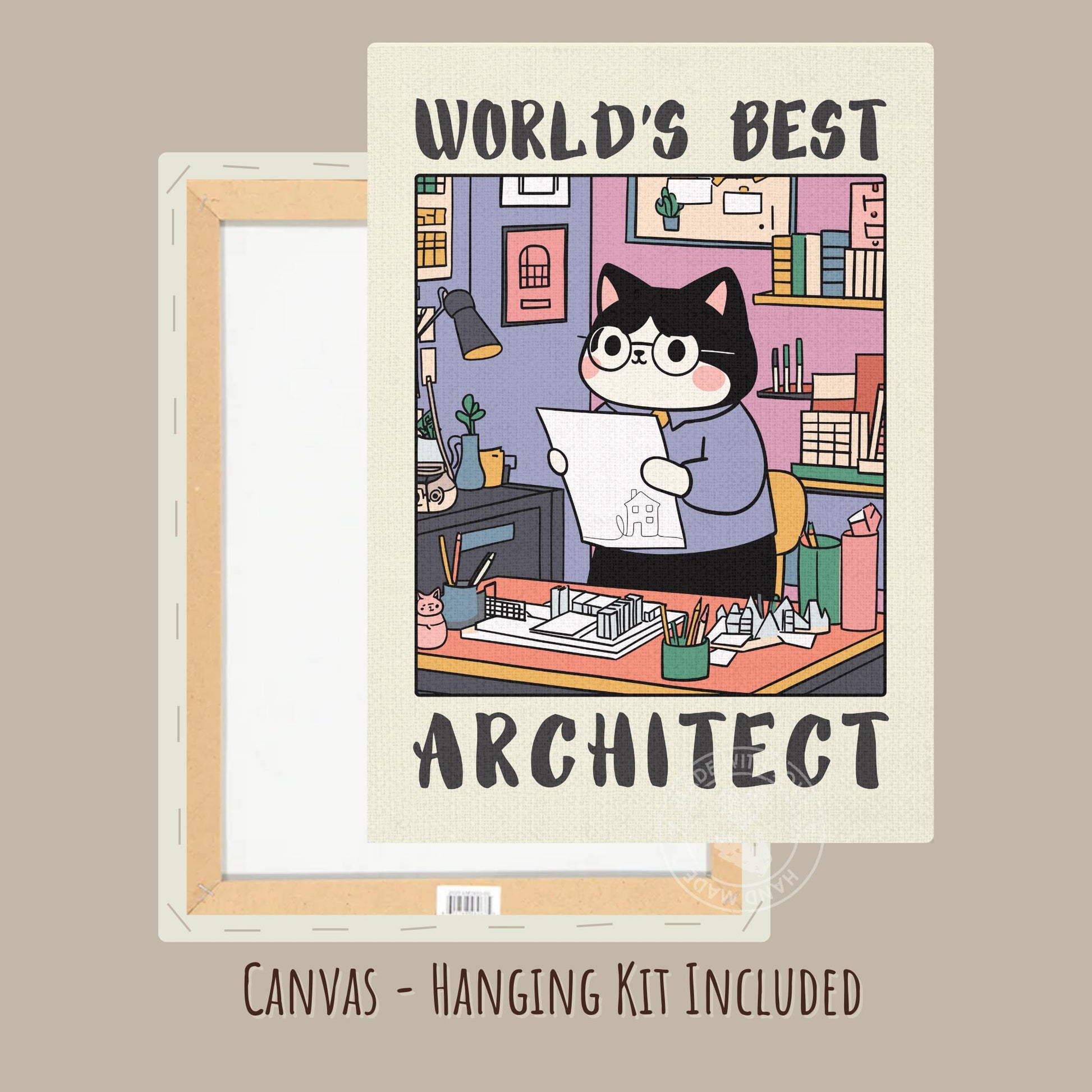 Architect Poster with a cat presented as an architect. Shown printed on canvas
