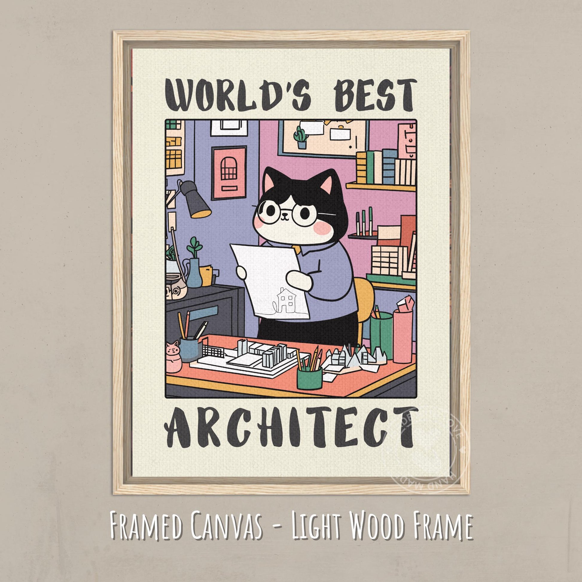 Architect Poster with a cat presented as an architect. Shown printed on canvas with a Light wooden frame