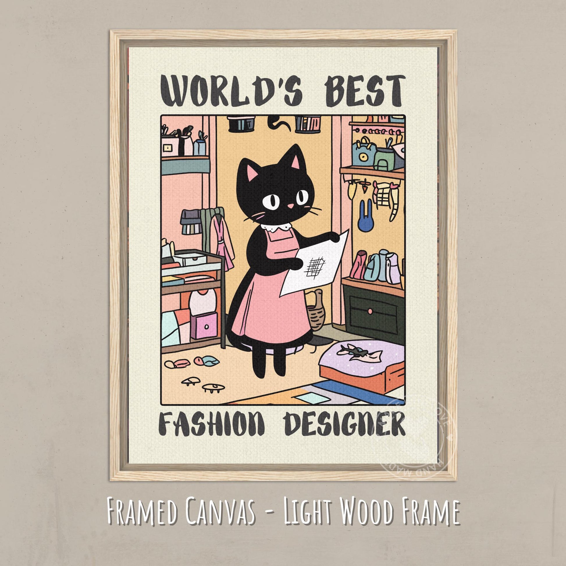 Fashion Designer Poster on canvas with light wooden background