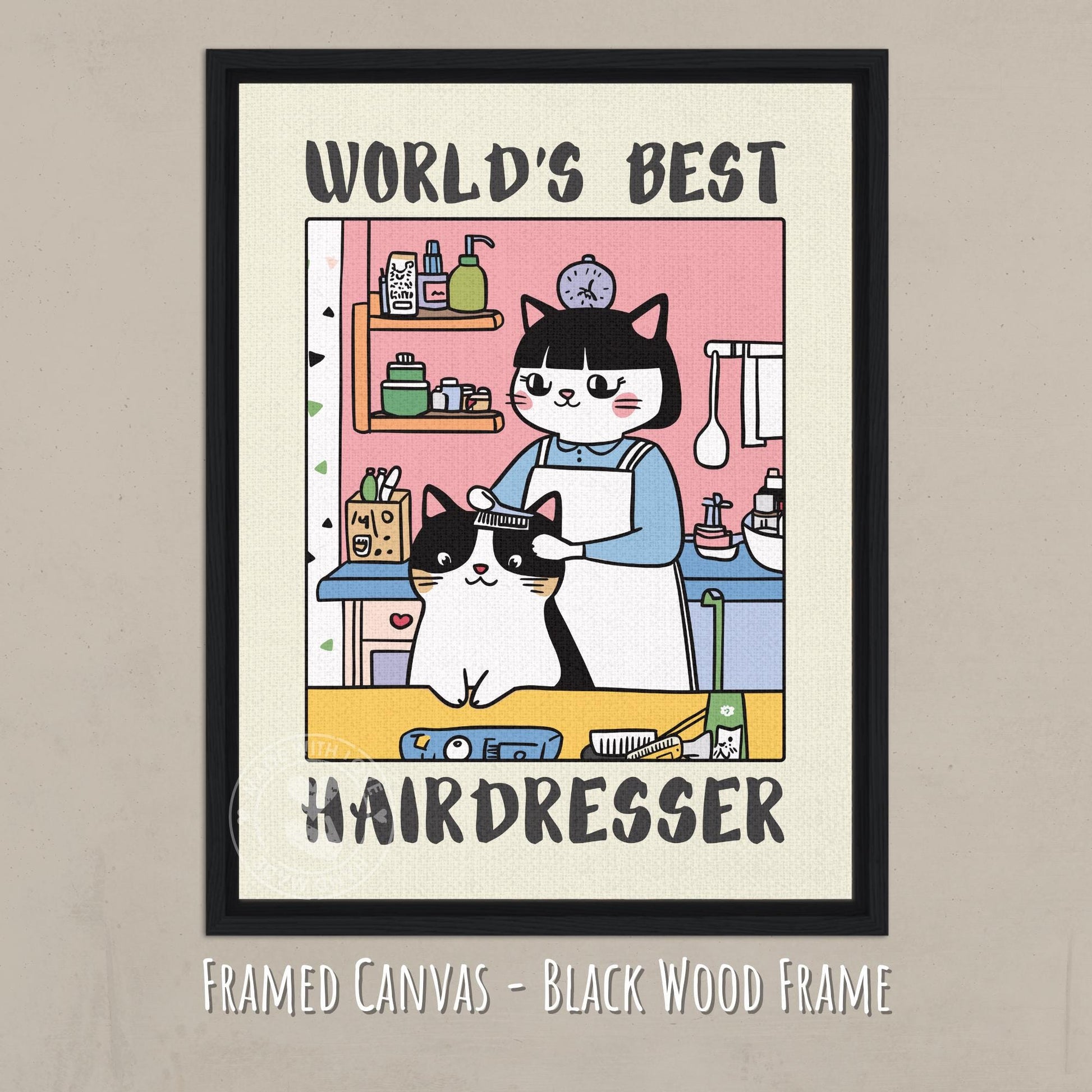 World&#39;s best Hairdresser Print on a canvas with a dark wooden frame