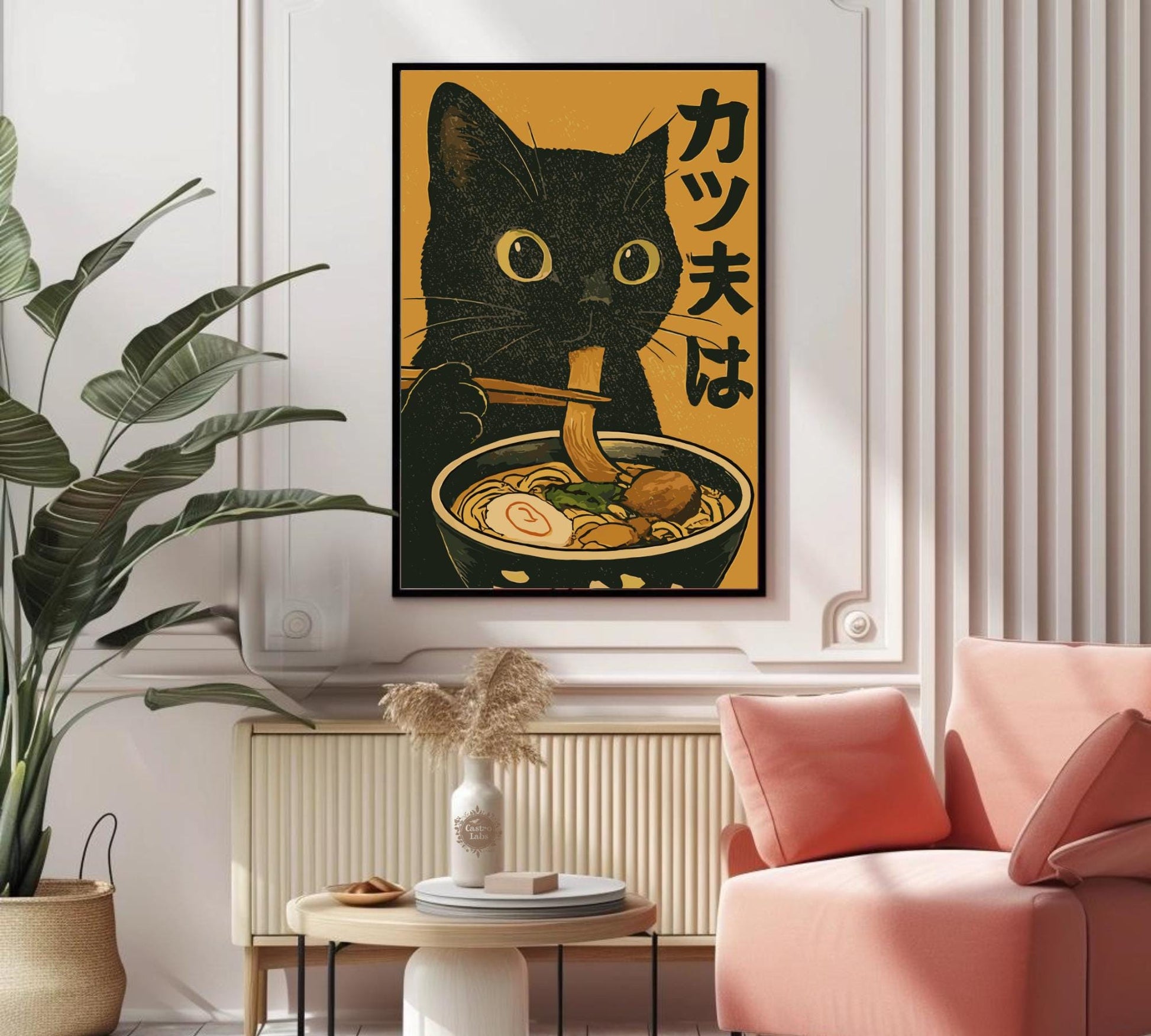 Cute black cat enjoying a bowl of ramen, funny and artistic poster for kitchens, cafes, or eclectic wall displays.