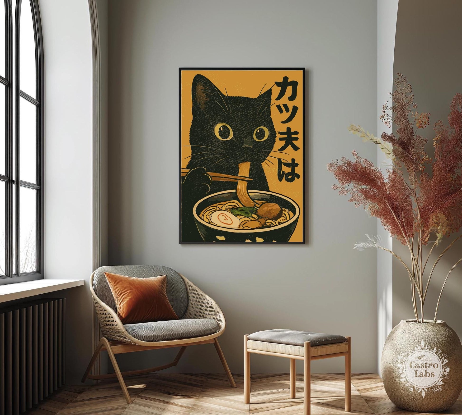 Funny illustration of a black cat slurping noodles, retro Japanese-inspired poster for cat lovers and foodies.