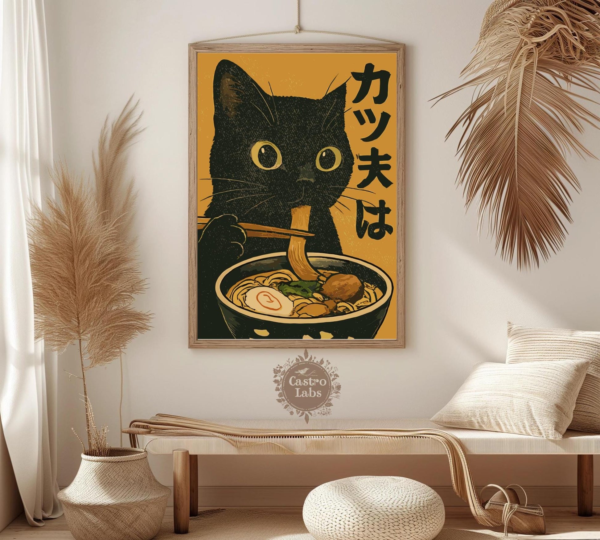 Japanese-style ramen cat print with bold colors, ideal for cat lovers, food art enthusiasts, and quirky home decor.