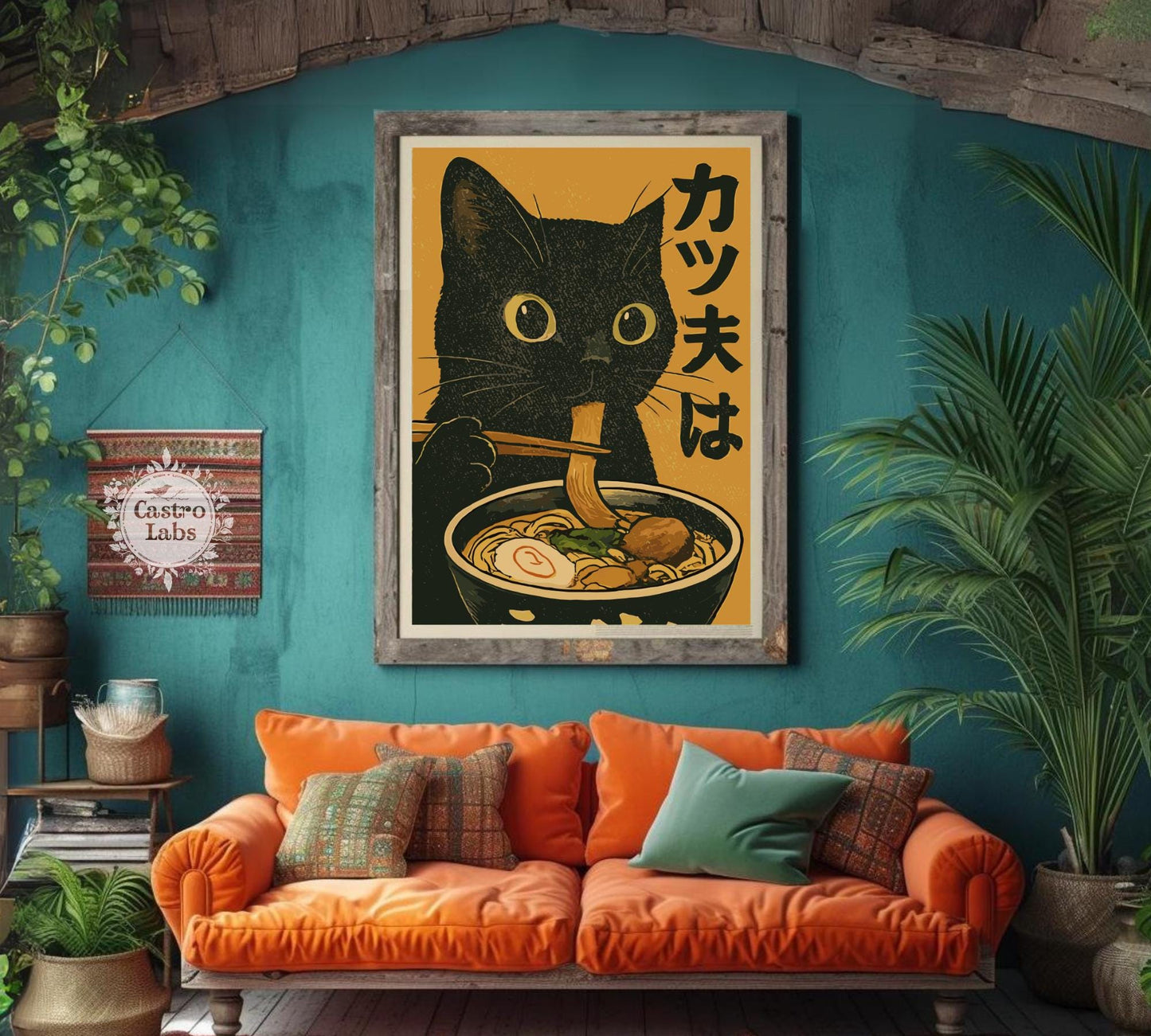 Whimsical cat eating ramen artwork, perfect for kitchen decor or as a quirky gift for cat and noodle fans.