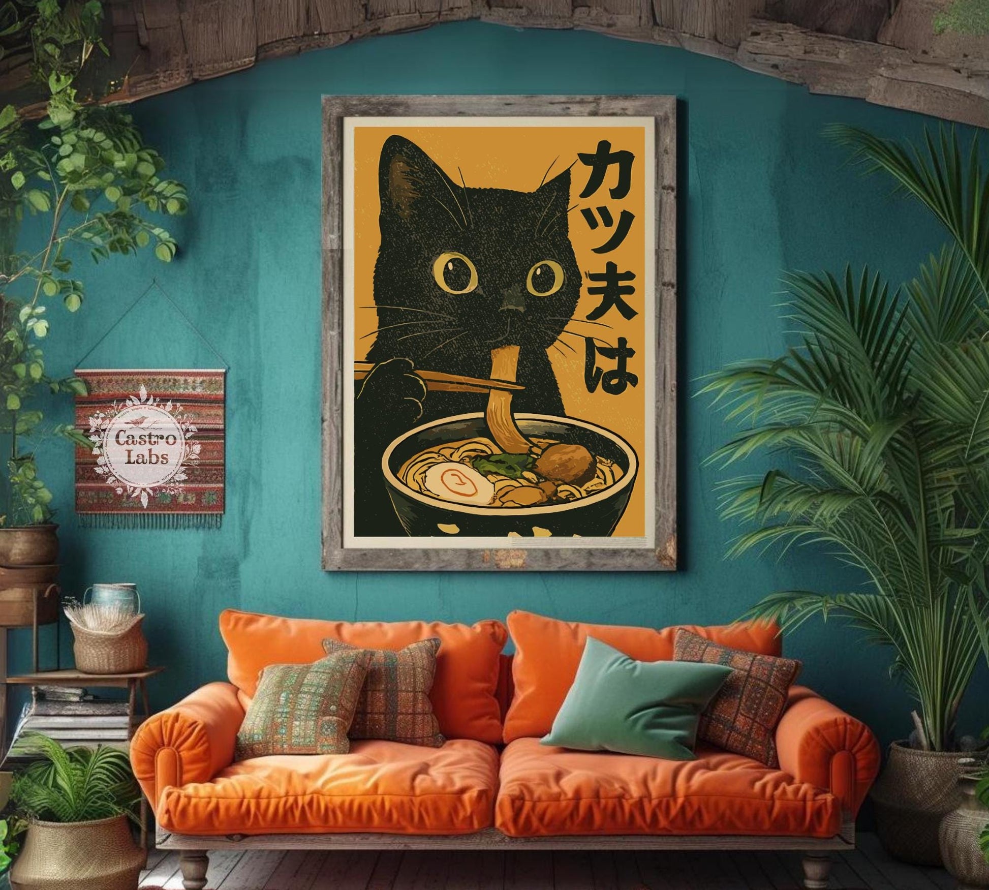 Whimsical cat eating ramen artwork, perfect for kitchen decor or as a quirky gift for cat and noodle fans.