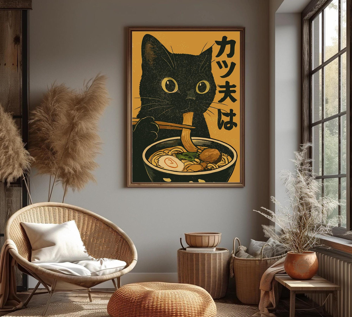 Black cat eating ramen noodles in a vintage Japanese-style art print, humorous kitchen wall decor.