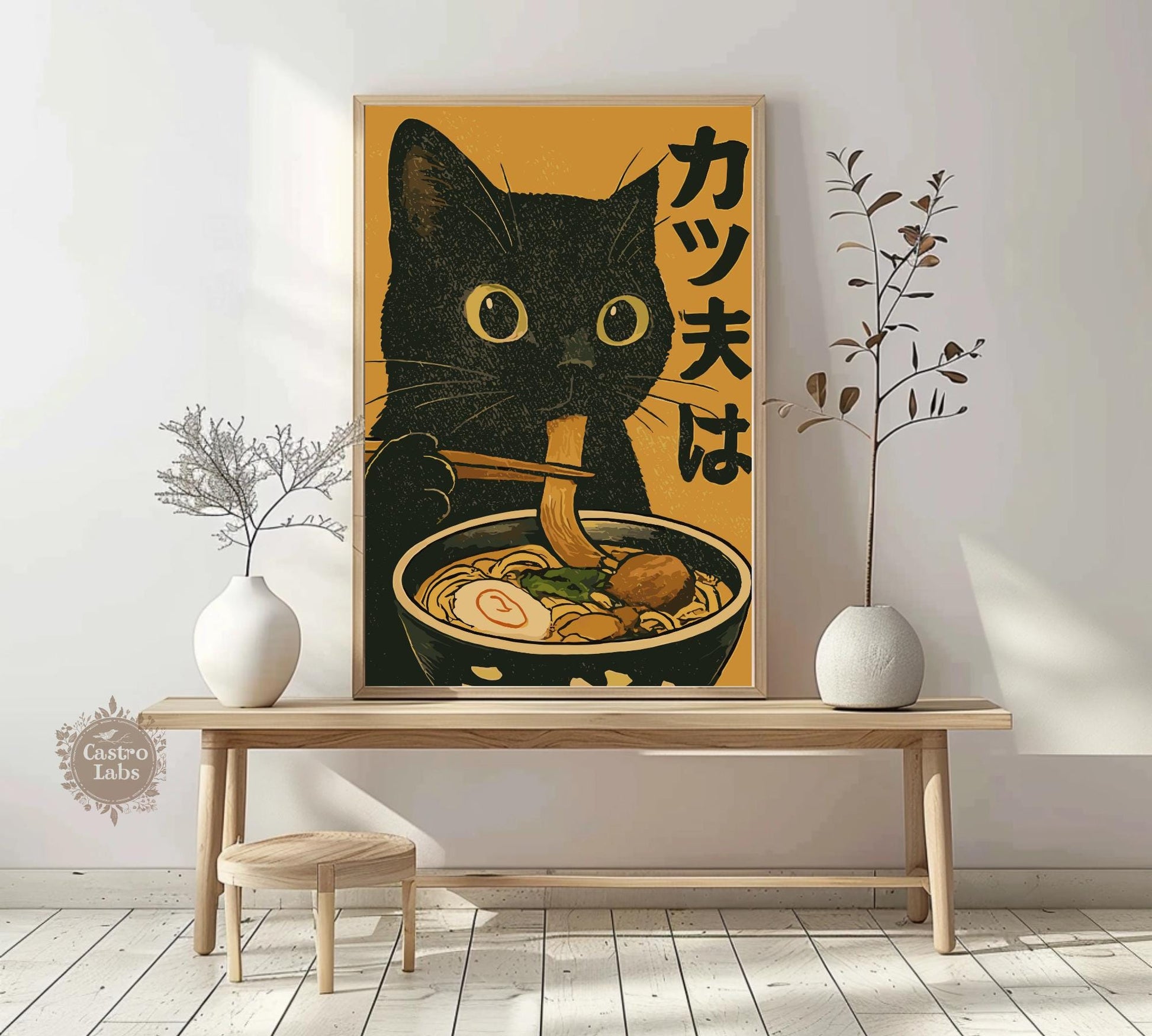 Whimsical cat eating ramen artwork, perfect for kitchen decor or as a quirky gift for cat and noodle fans.
