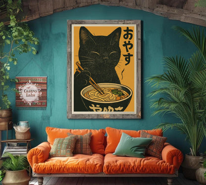 Funny illustration of a black cat slurping noodles, retro Japanese-inspired poster for cat lovers and foodies.
