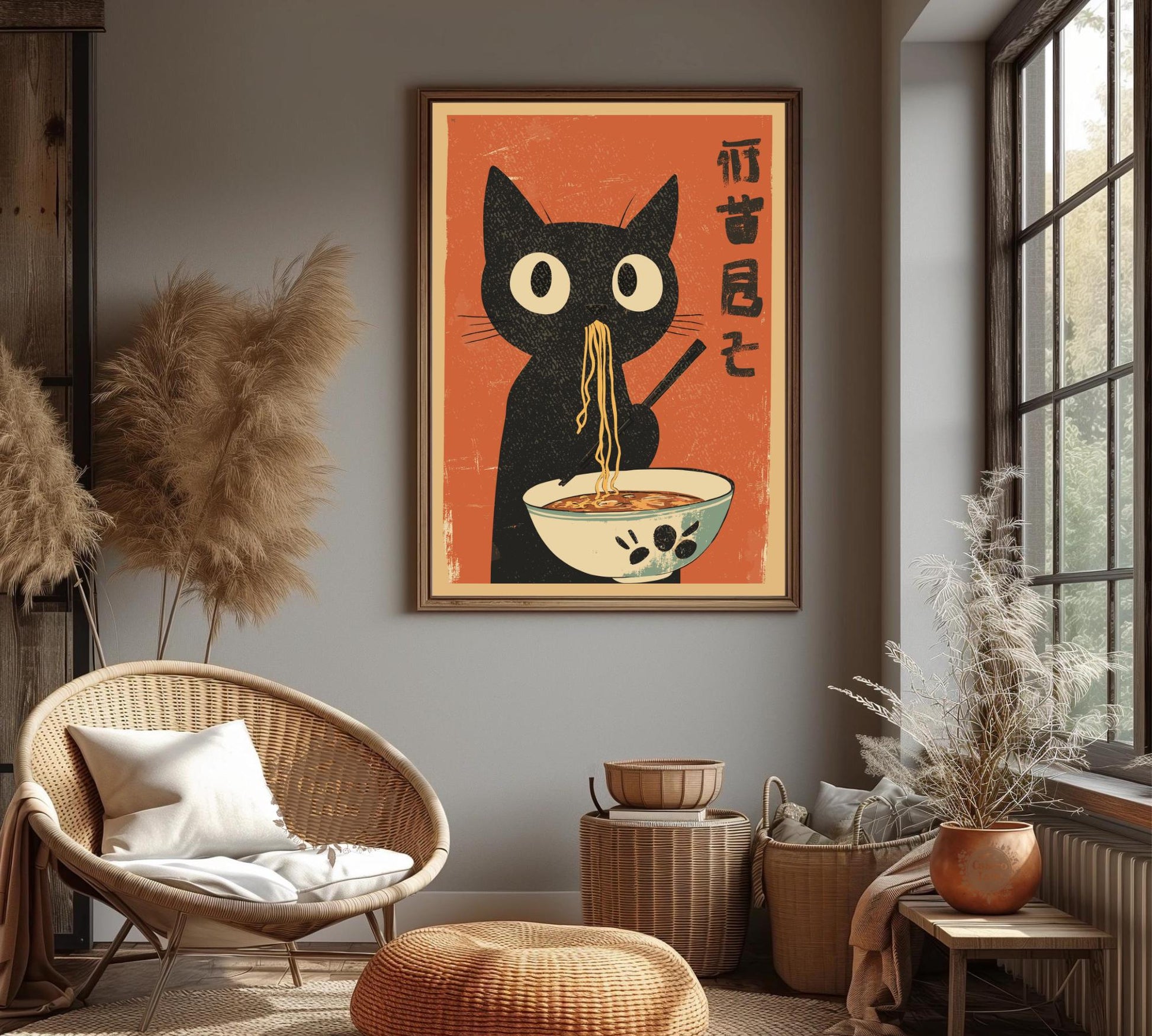 Artistic poster of a noodle-loving cat in vintage Japanese design, perfect for fun foodie or feline-themed decor.