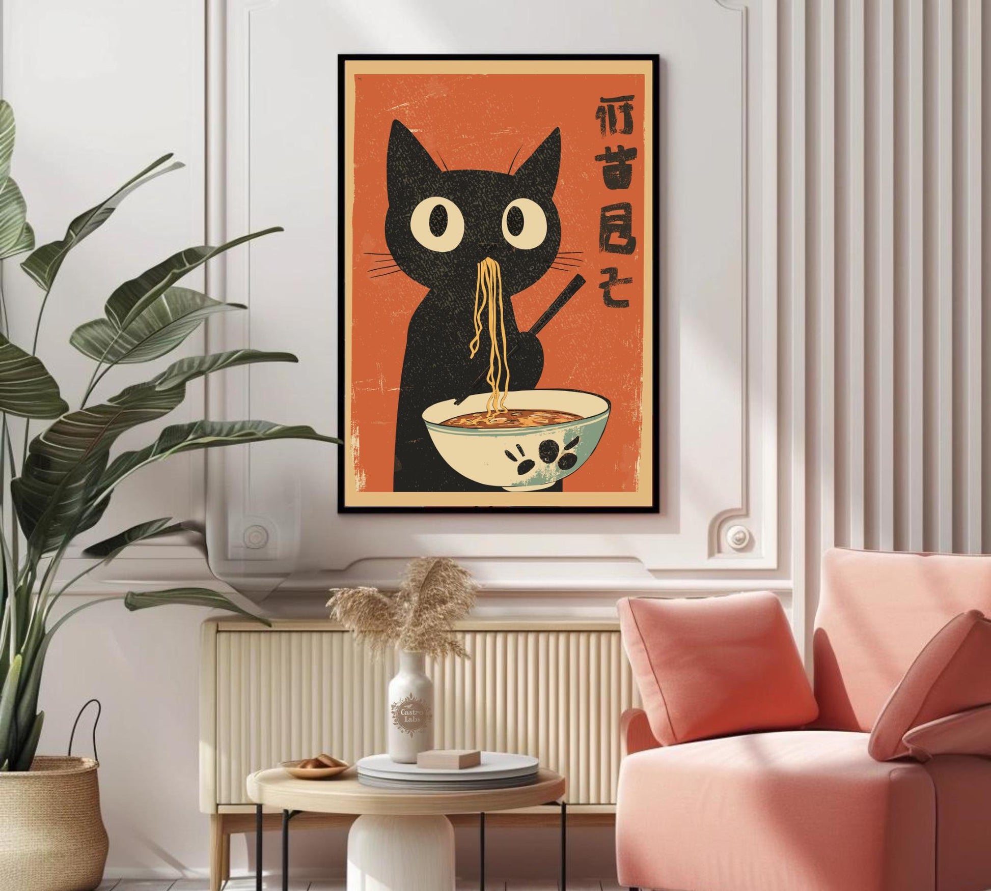 Playful black cat enjoying ramen in a stylized retro print, unique wall art for kitchens or dining rooms.
