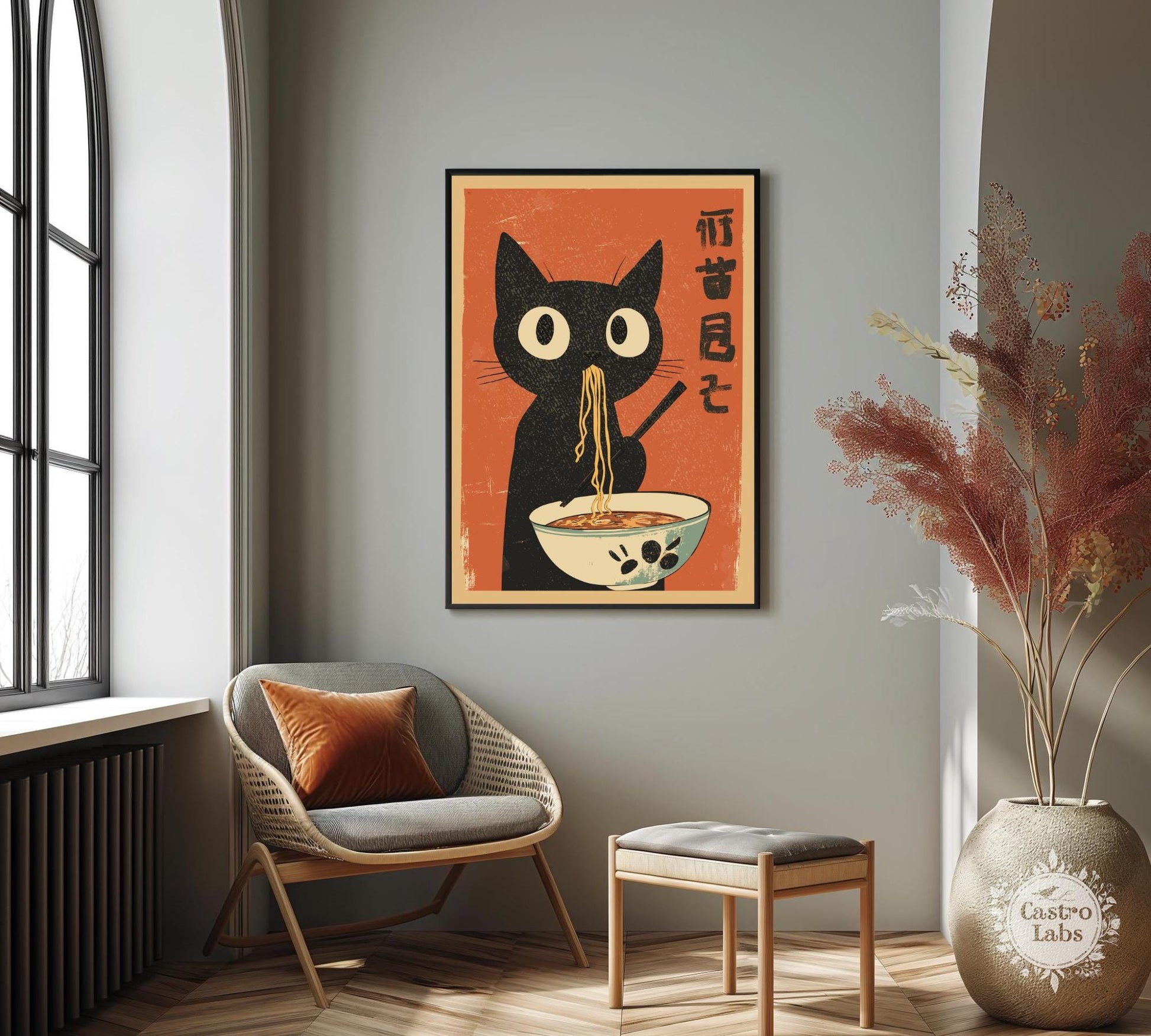 Whimsical cat eating ramen artwork, perfect for kitchen decor or as a quirky gift for cat and noodle fans.
