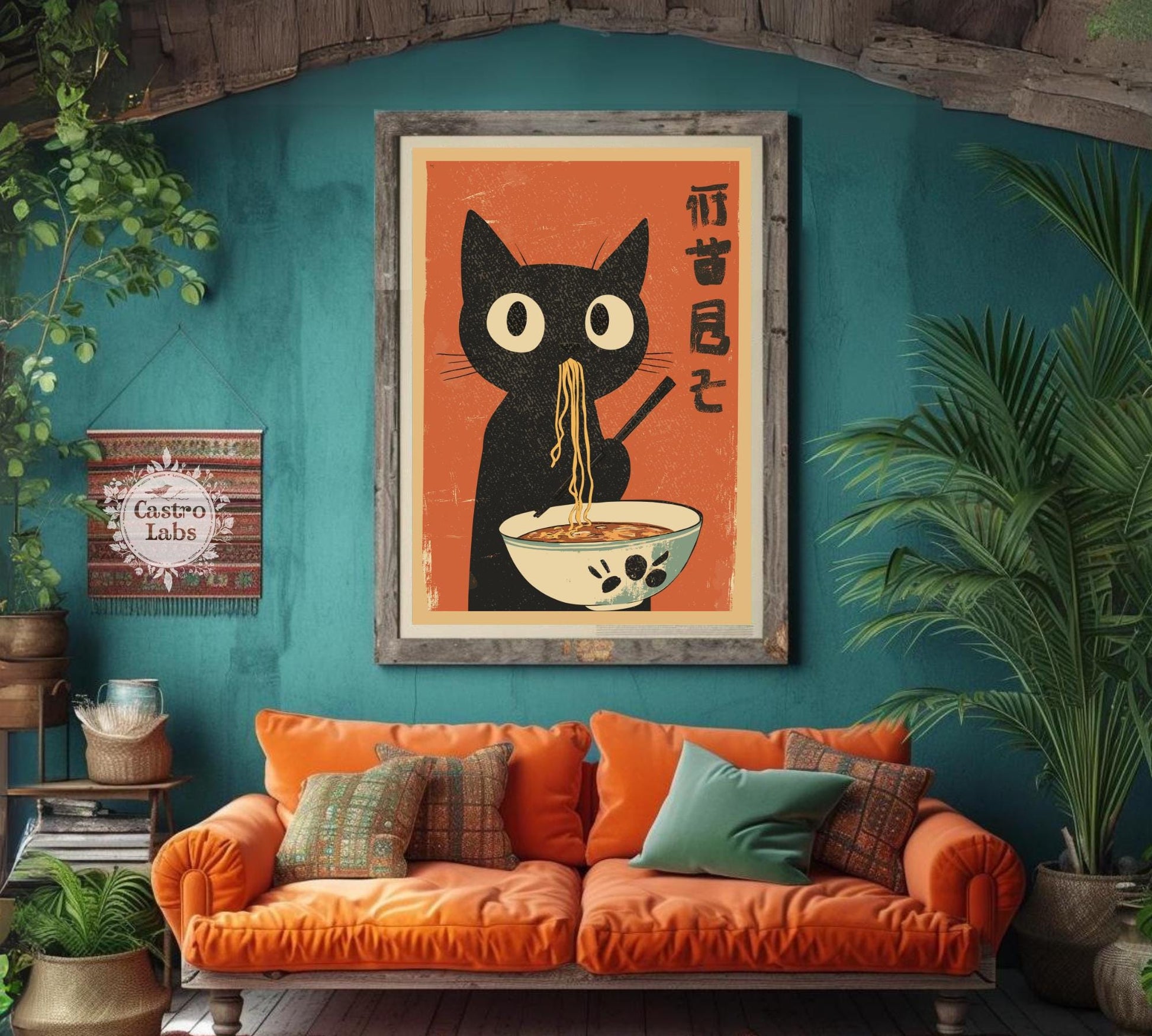 Japanese-style ramen cat print with bold colors, ideal for cat lovers, food art enthusiasts, and quirky home decor.